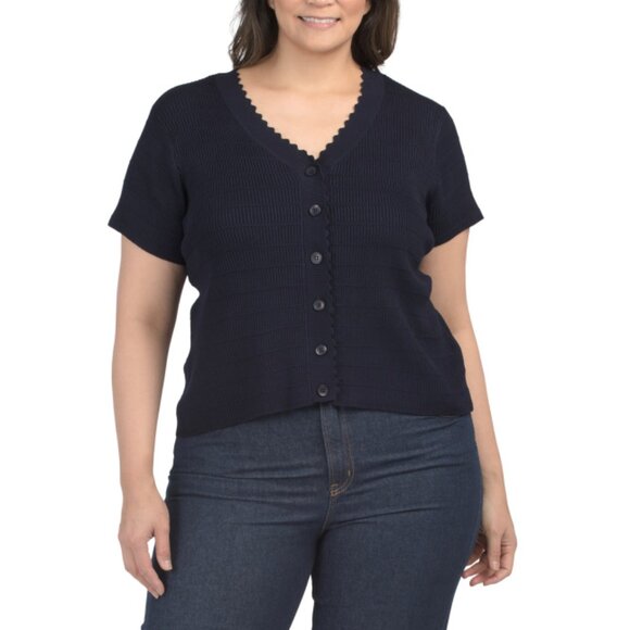 CYRUS Navy Plus Rib Knit Cardigan With Scalloped Trim - Picture 1 of 2